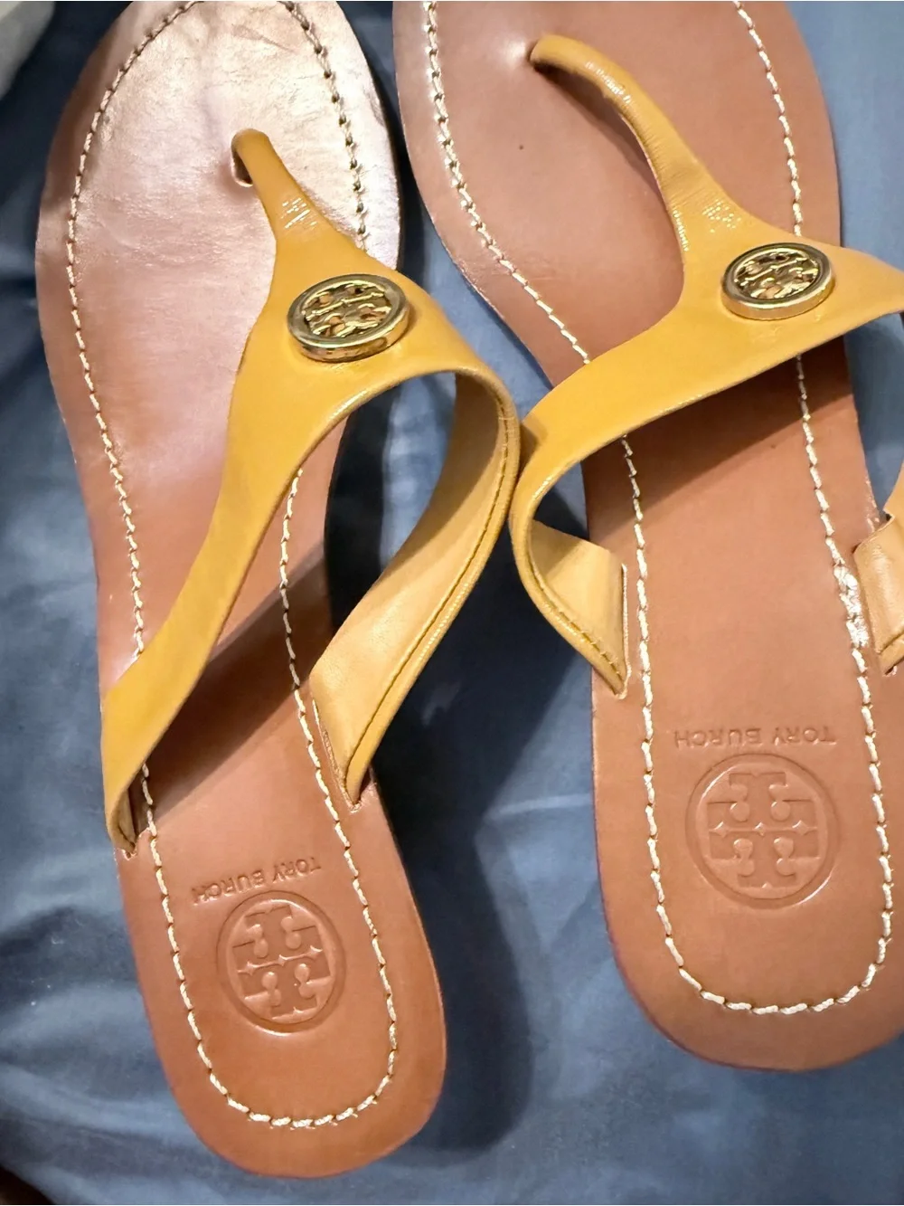Tory Burch Tan Leather Thong Sandals with Logo Medallion